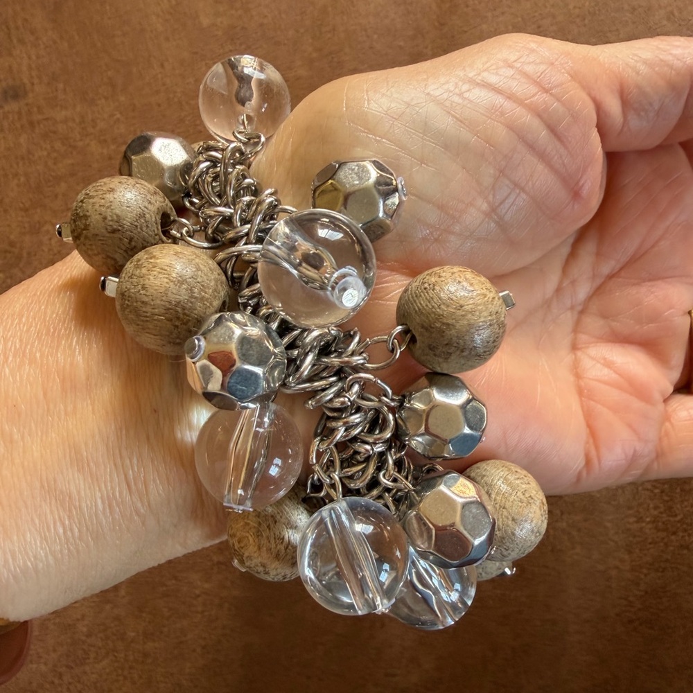 Chunky Bead Charm Bracelet - Neutral Wood & Silver